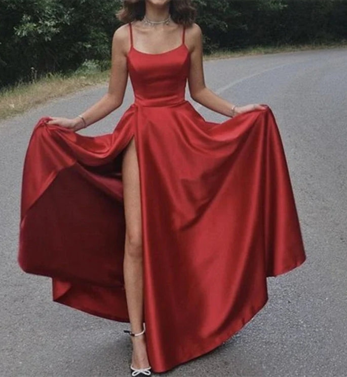 Simple A Line Dark Red Satin Long Prom Dresses with High Slit Long Dark Red Formal Graduation Evening Dresses